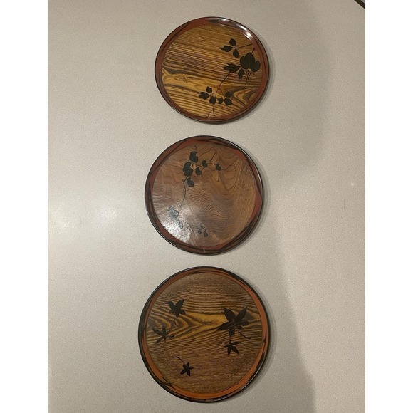 The Unbranded Brand Other - Set Of 3 Vintage Round 10" Japanese Wood Serving Tea Tray Plate Oriental Decor